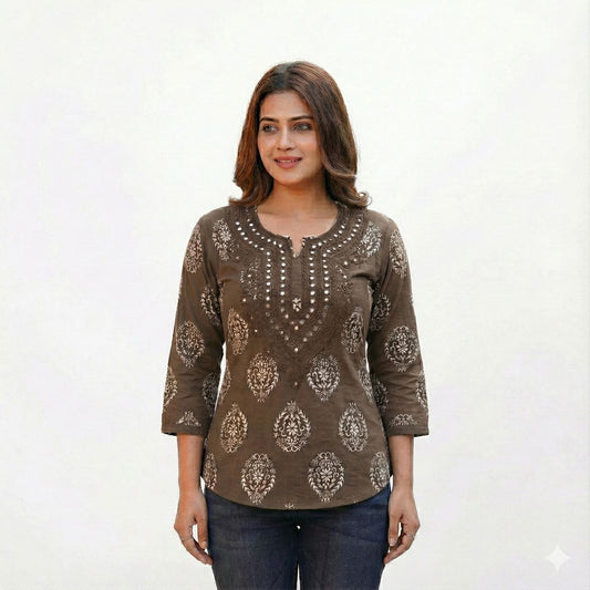 Women’s Floral Print Tunic with Mirror Work Embroidery and 3/4 Sleeves