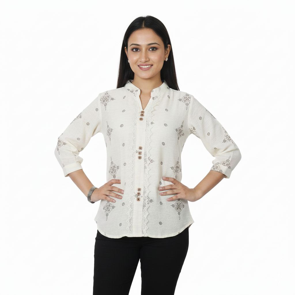 Women’s Mandarin Collar Printed Top with Lace Panel and Button Detail