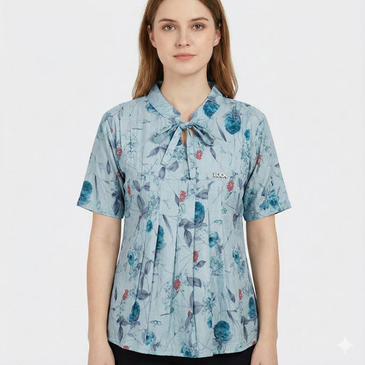 Women’s Short Sleeve Floral Print Top with Tie-Neck