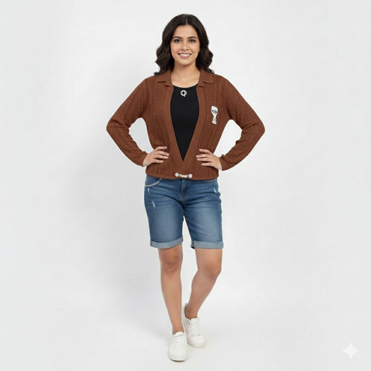 Women's Textured Knit Open-Front Shrug with Lapel Collar and Decorative Patch