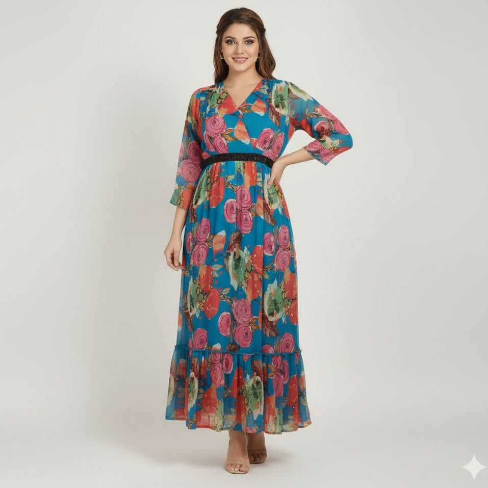 Elegant Floral V-Neck Maxi Dress