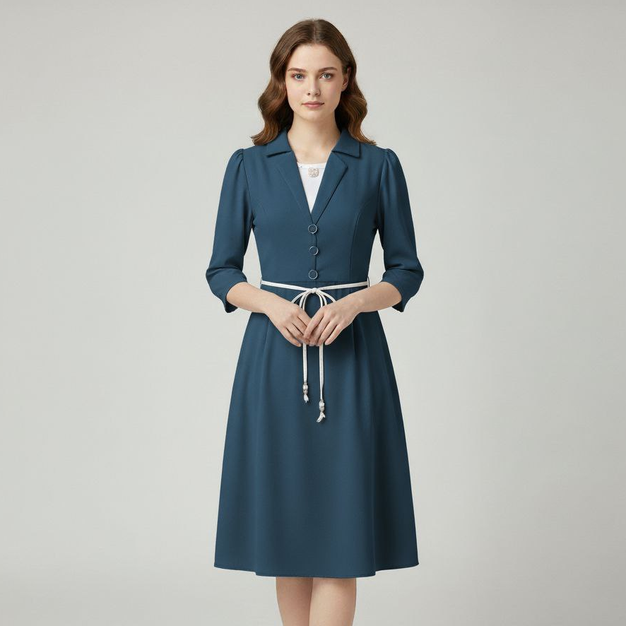 Executive Blazer-Style V-Neck Midi Dress