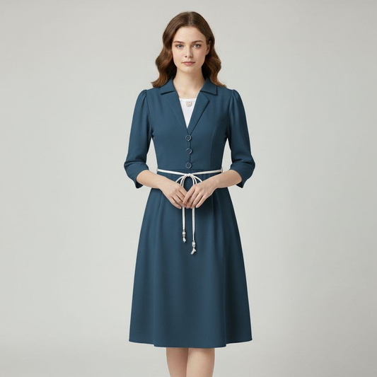 Executive Blazer-Style V-Neck Midi Dress