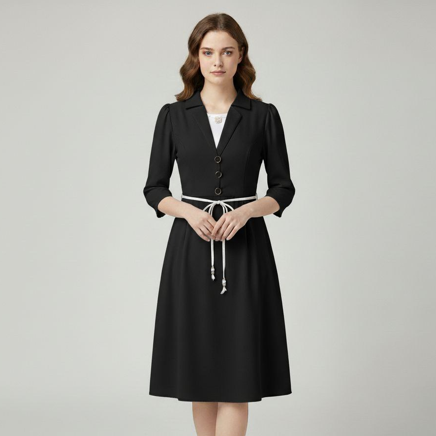 Executive Blazer-Style V-Neck Midi Dress
