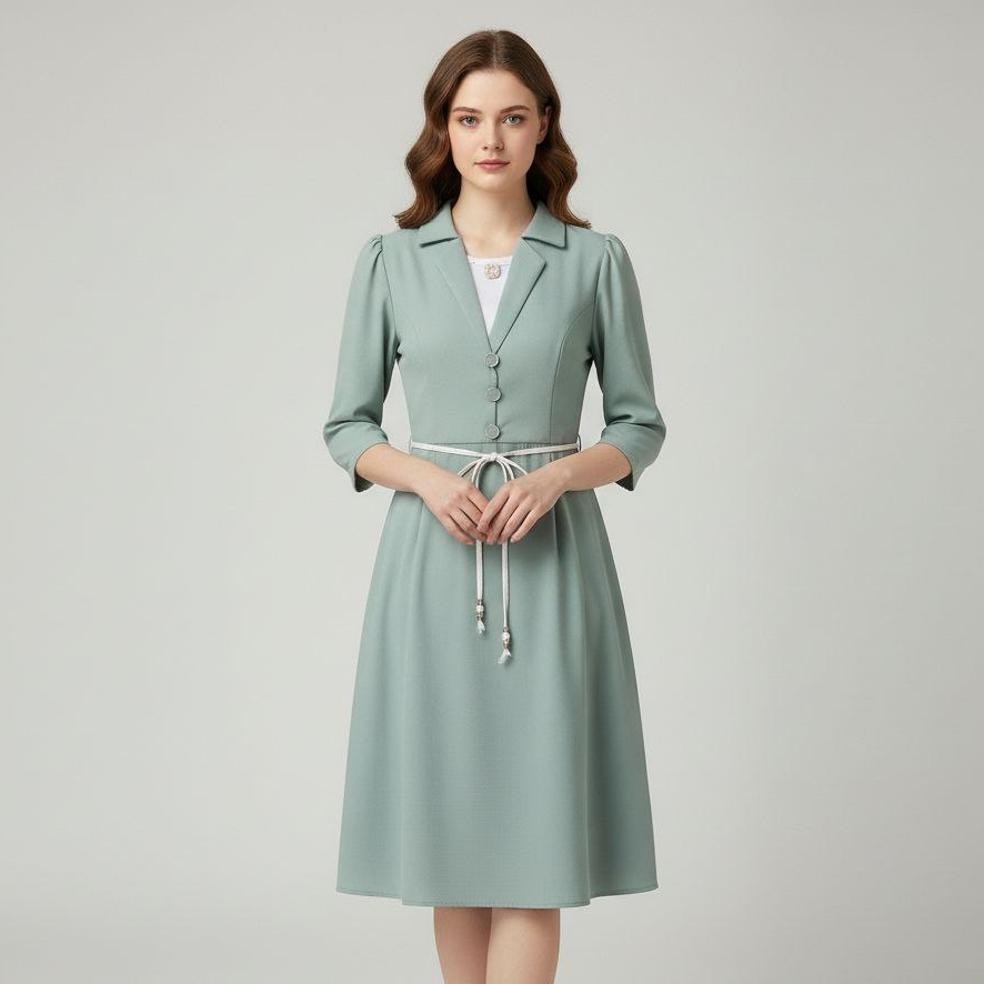 Executive Blazer-Style V-Neck Midi Dress