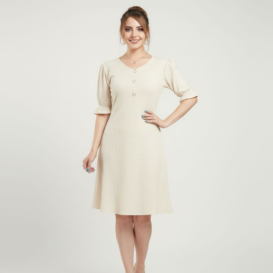 Ribbed Knit V-Neck Mini Dress with Puff & Frill Sleeves