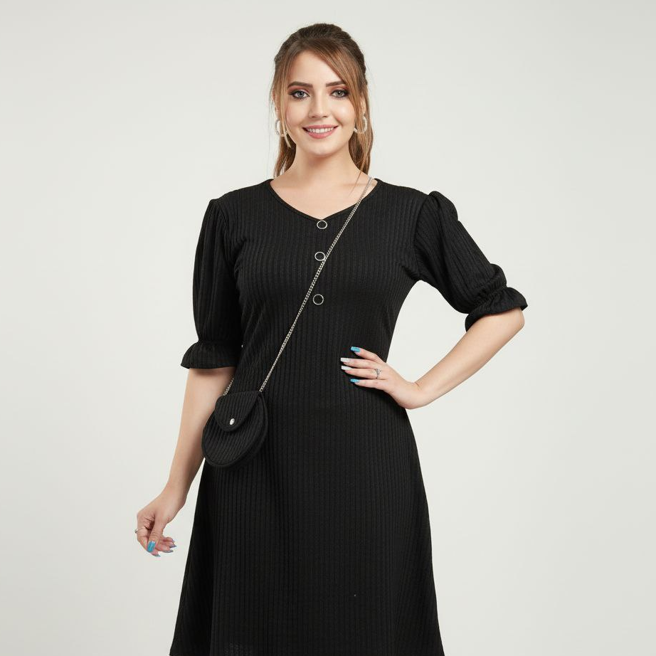 Ribbed Knit V-Neck Mini Dress with Puff & Frill Sleeves