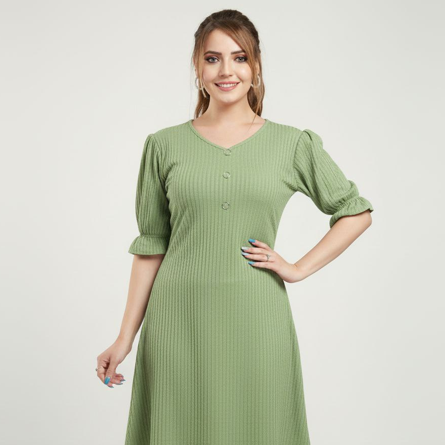 Ribbed Knit V-Neck Mini Dress with Puff & Frill Sleeves