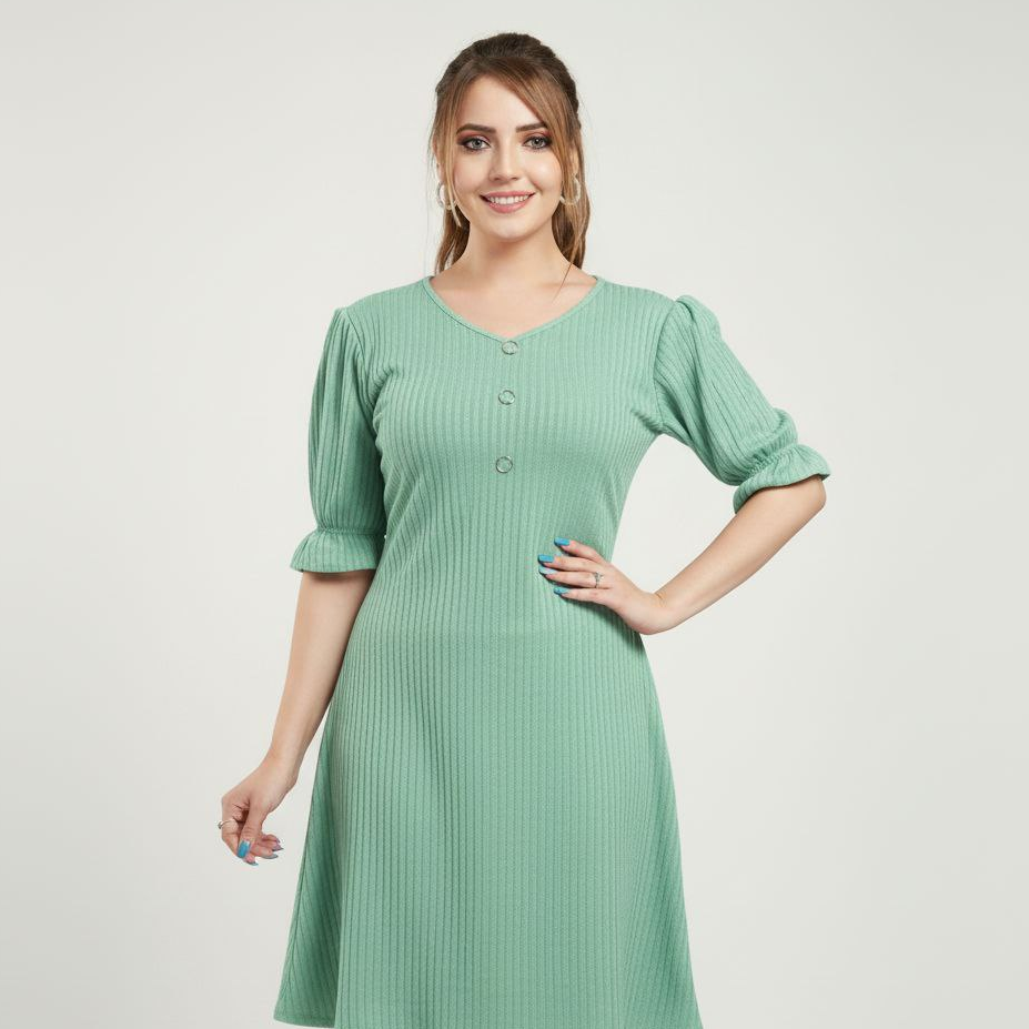 Ribbed Knit V-Neck Mini Dress with Puff & Frill Sleeves