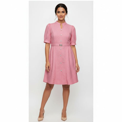 Chic Tweed-Style Button-Front Dress with Mandarin Collar & Buckle Belt
