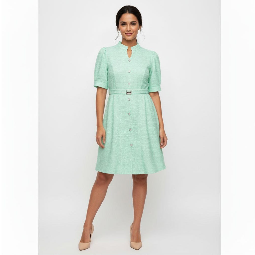 Chic Tweed-Style Button-Front Dress with Mandarin Collar & Buckle Belt