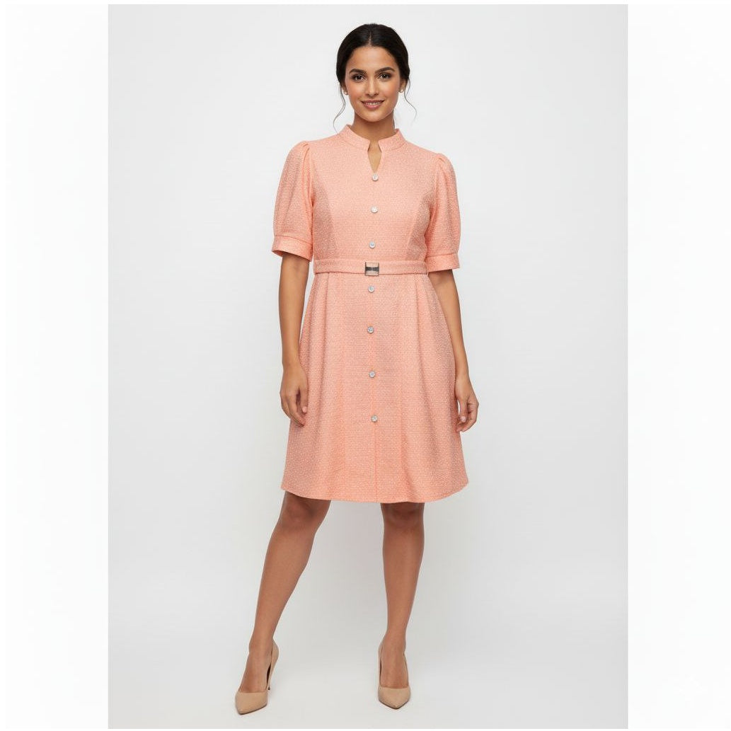 Chic Tweed-Style Button-Front Dress with Mandarin Collar & Buckle Belt