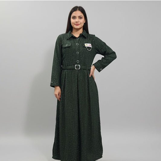 Sparkle Textured Full-Length Maxi Shirt Dress with Long Sleeves