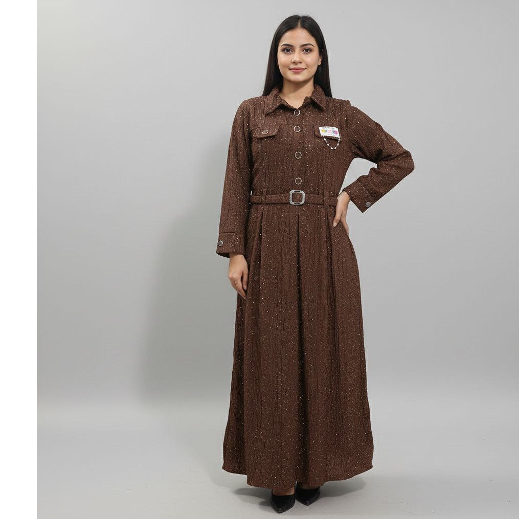 Sparkle Textured Full-Length Maxi Shirt Dress with Long Sleeves