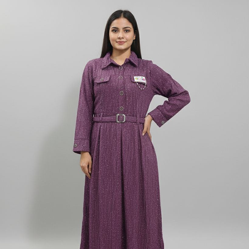 Sparkle Textured Full-Length Maxi Shirt Dress with Long Sleeves