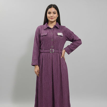Sparkle Textured Full-Length Maxi Shirt Dress with Long Sleeves