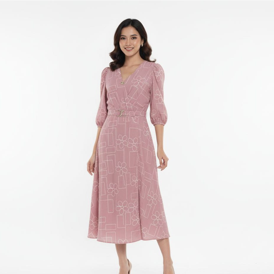 Women’s Floral Print V-Neck A-Line Midi Dress with Matching Belt