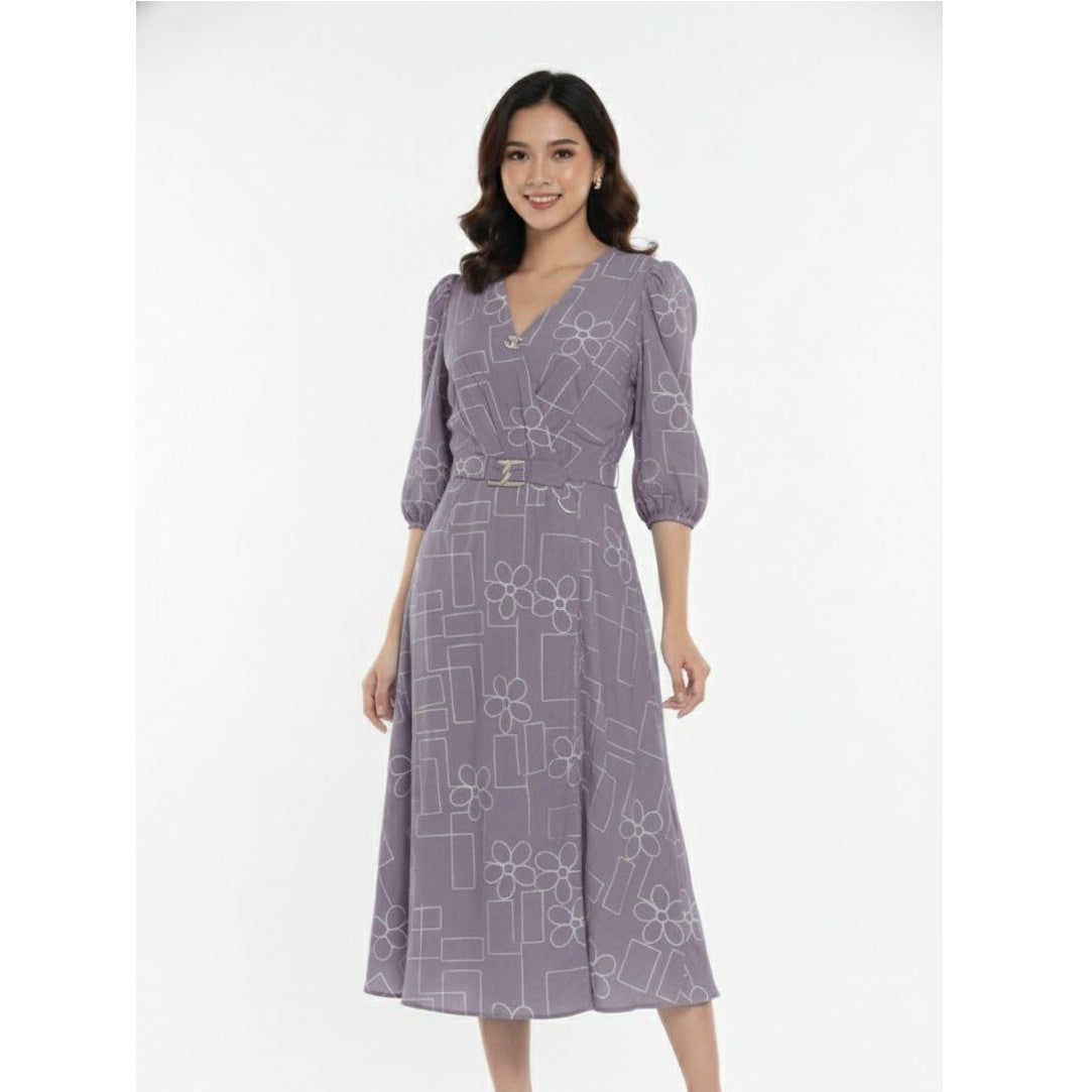 Women’s Floral Print V-Neck A-Line Midi Dress with Matching Belt