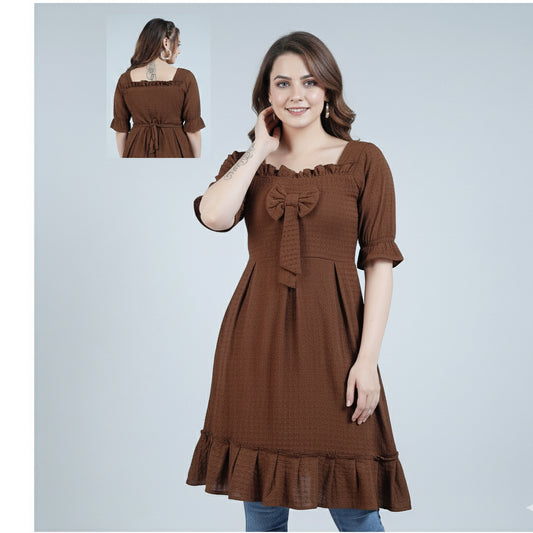 Women's Smocked Ruffle Neck Babydoll Tunic with Bow Detail