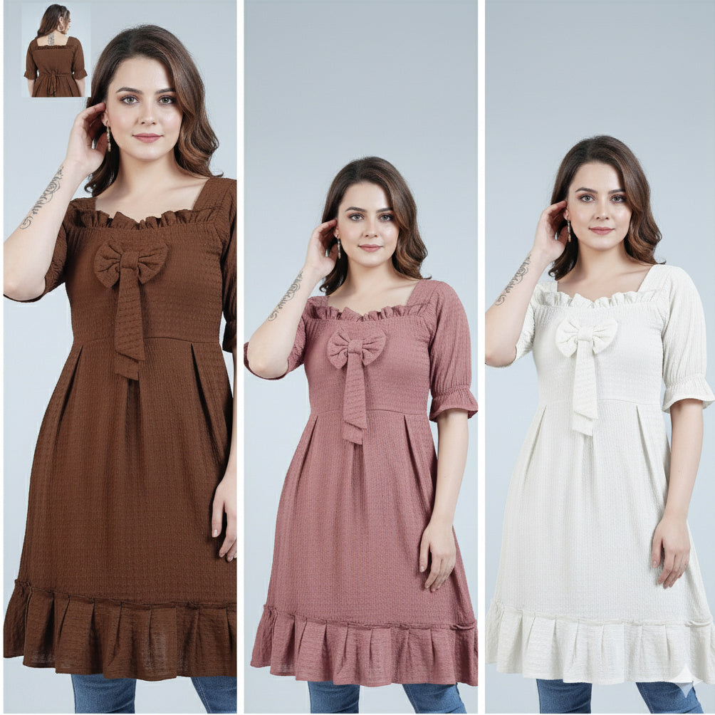 Women's Smocked Ruffle Neck Babydoll Tunic with Bow Detail