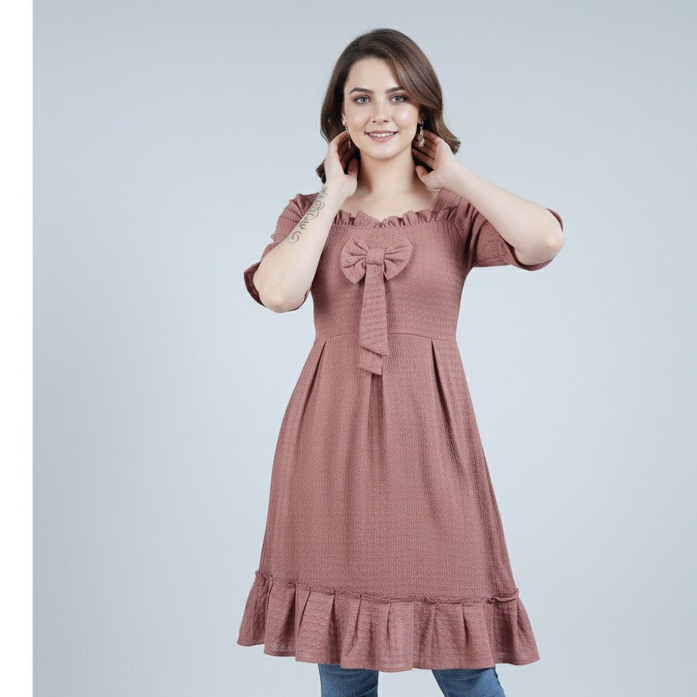 Women's Smocked Ruffle Neck Babydoll Tunic with Bow Detail