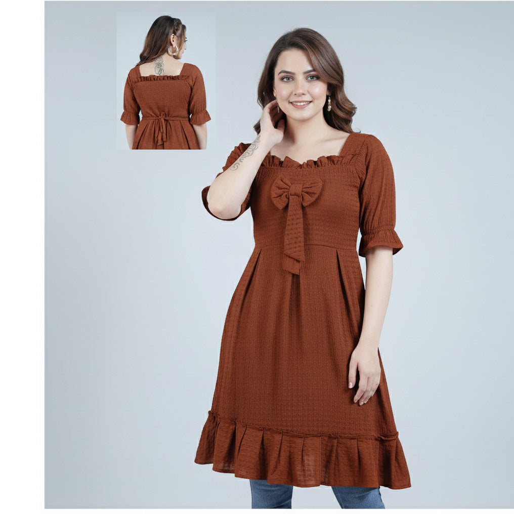 Women's Smocked Ruffle Neck Babydoll Tunic with Bow Detail