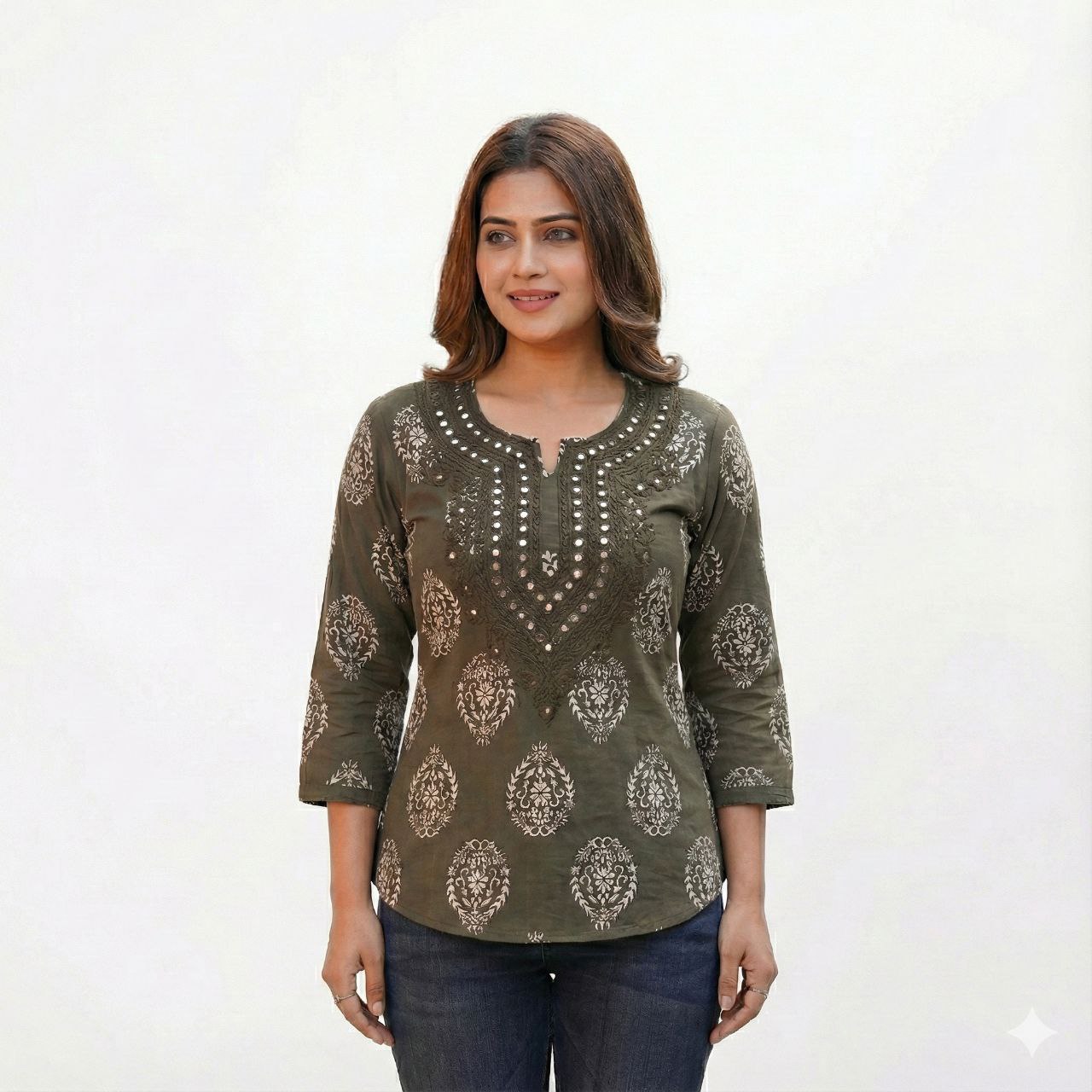 Women’s Floral Print Tunic with Mirror Work Embroidery and 3/4 Sleeves