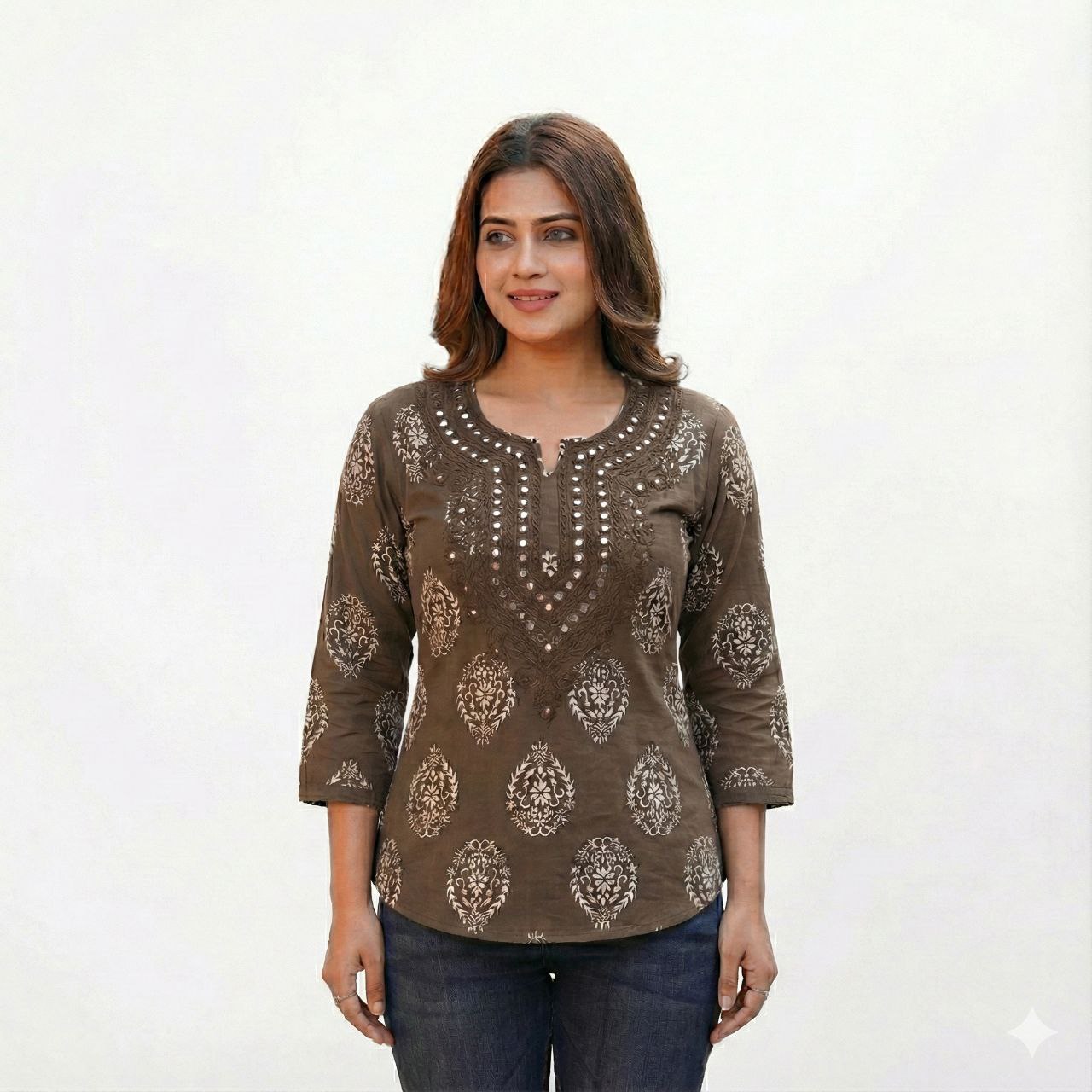 Women’s Floral Print Tunic with Mirror Work Embroidery and 3/4 Sleeves