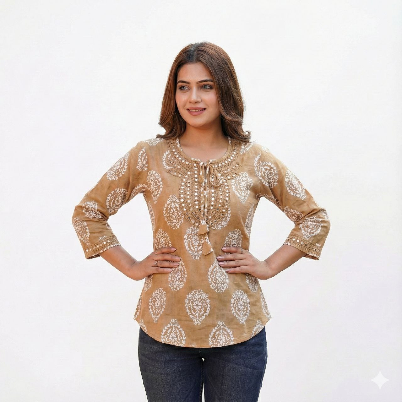 Women’s Floral Print Tunic with Mirror Work Embroidery and 3/4 Sleeves