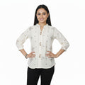 Women’s Mandarin Collar Printed Top with Lace Panel and Button Detail
