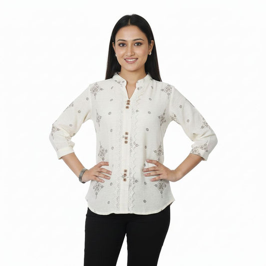 Women’s Mandarin Collar Printed Top with Lace Panel and Button Detail