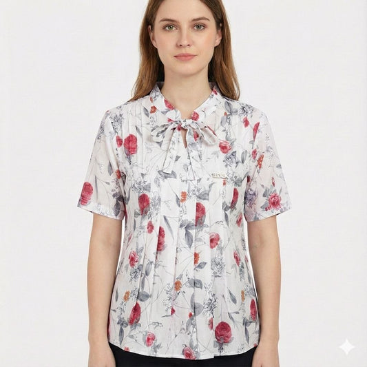 Women’s Short Sleeve Floral Print Top with Tie-Neck