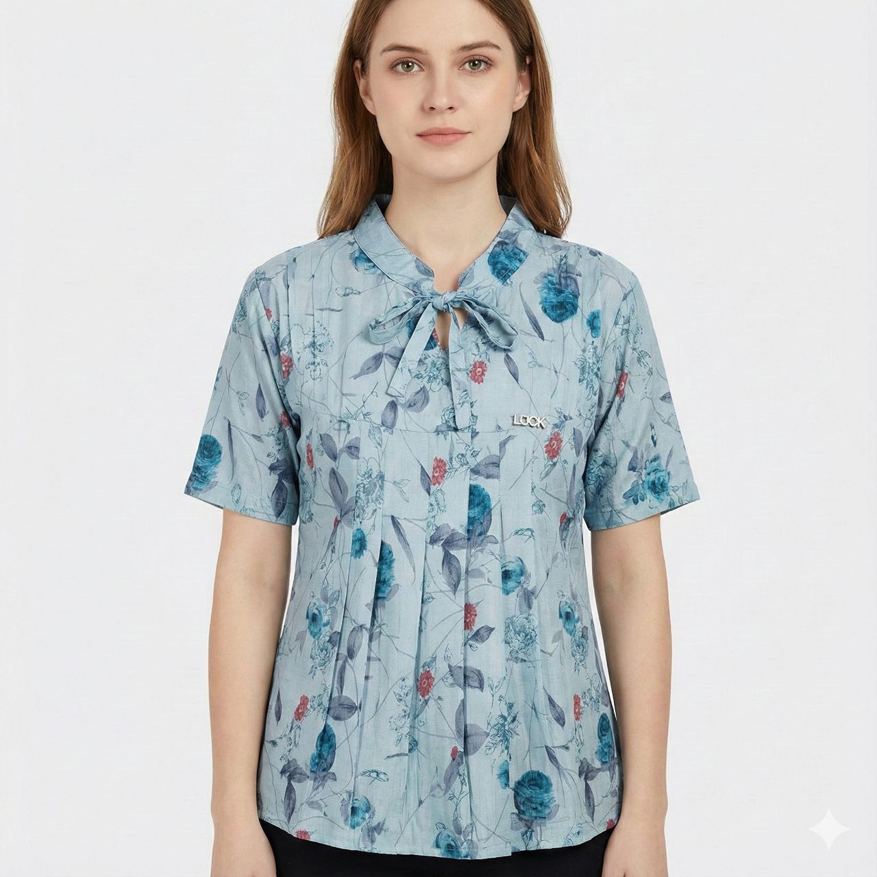 Women’s Short Sleeve Floral Print Top with Tie-Neck