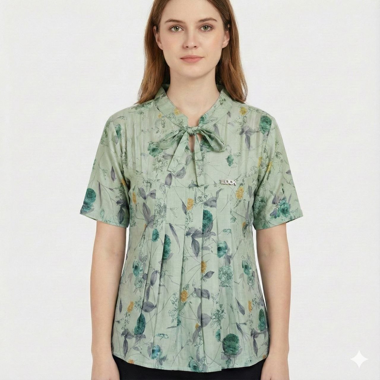 Women’s Short Sleeve Floral Print Top with Tie-Neck