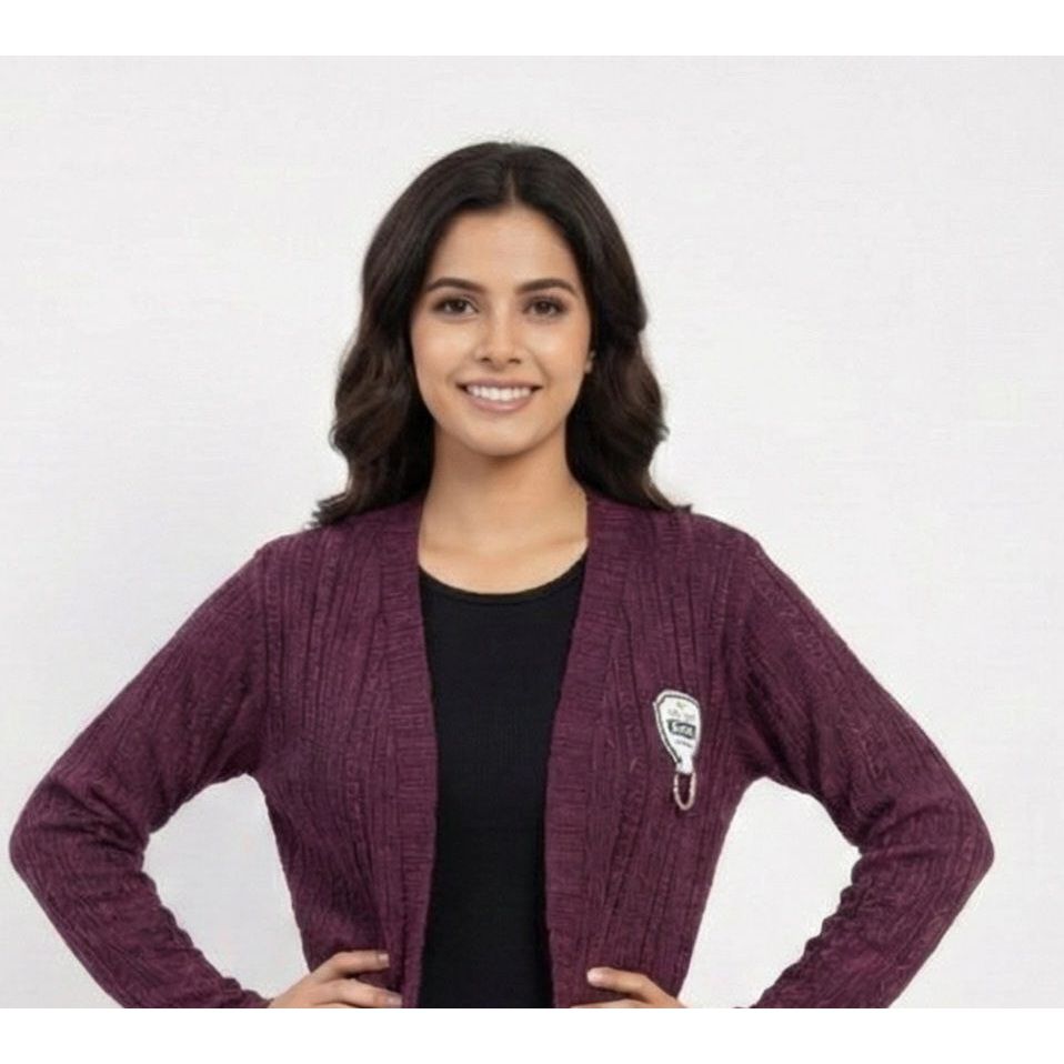 Women's Textured Knit Open-Front Shrug with Lapel Collar and Decorative Patch