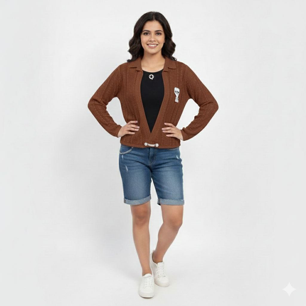 Women's Textured Knit Open-Front Shrug with Lapel Collar and Decorative Patch