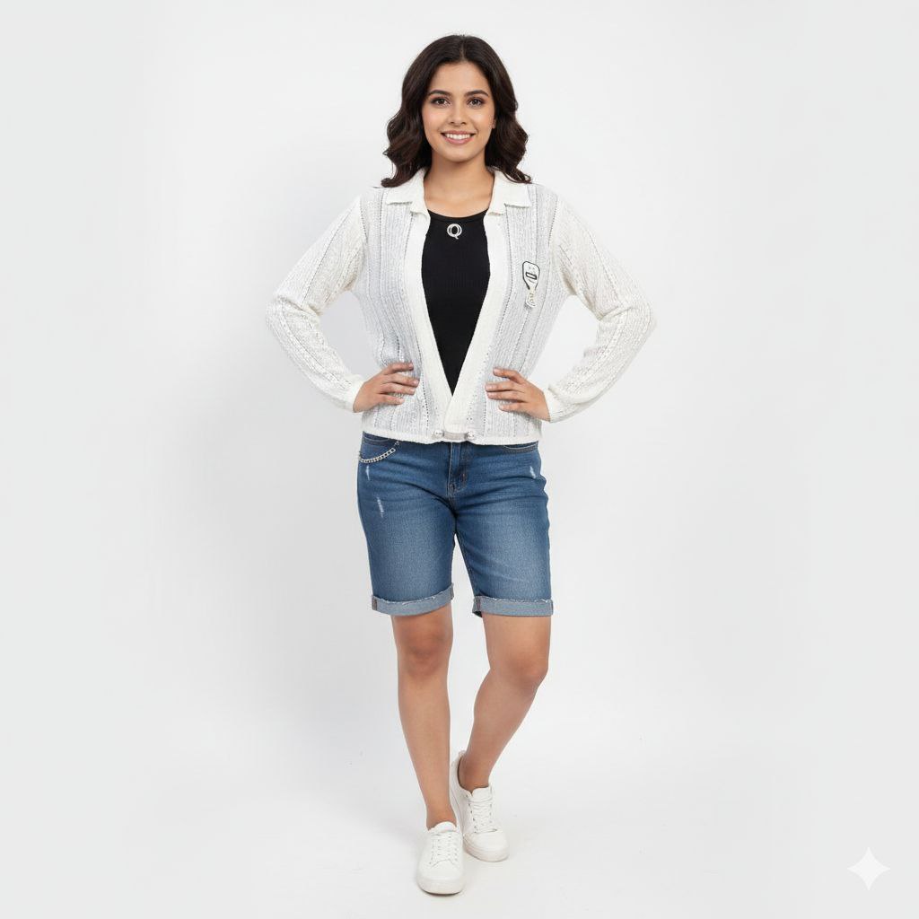 Women's Textured Knit Open-Front Shrug with Lapel Collar and Decorative Patch