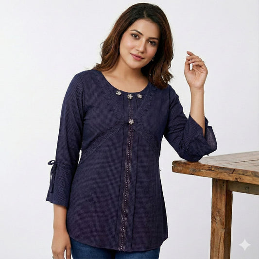 Women's Gingham Checkered Tunic – Lace-Trimmed Round Neck Top with Tie-Sleeve