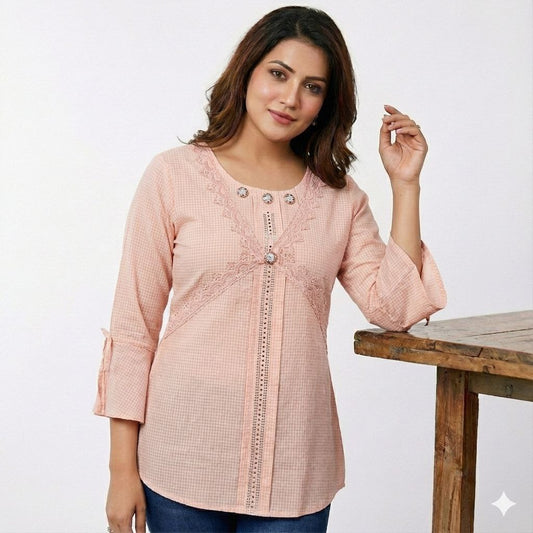 Women's Gingham Checkered Tunic – Lace-Trimmed Round Neck Top with Tie-Sleeve