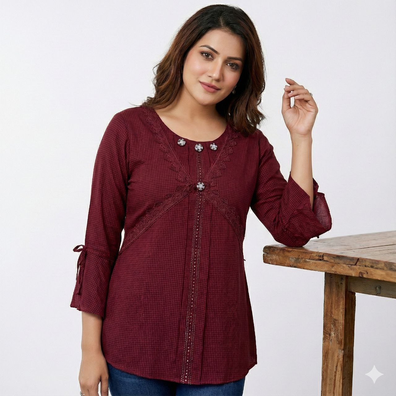 Women's Gingham Checkered Tunic – Lace-Trimmed Round Neck Top with Tie-Sleeve