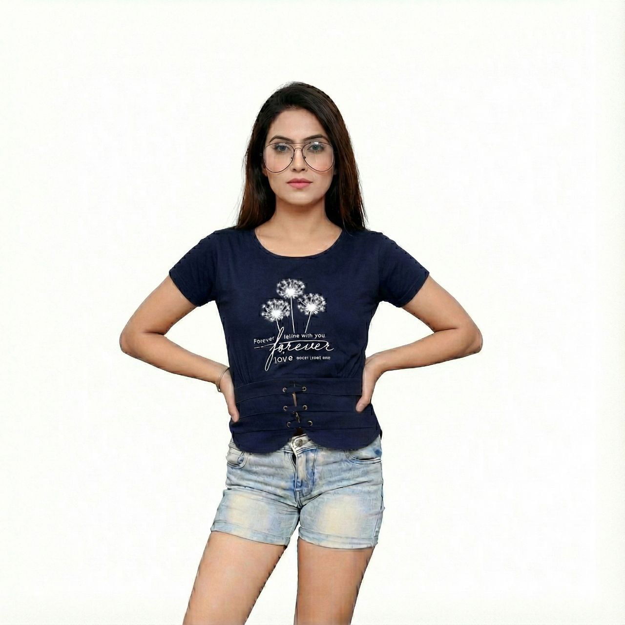 Women's Corset-Waist Peplum Graphic Tee – Lace-Up Cinched Waist T-Shirt