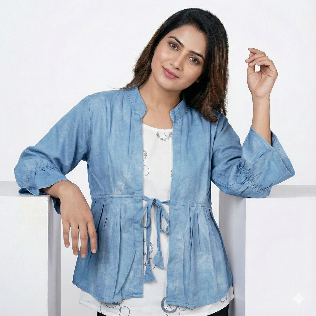 Women's Mandarin Collar Tie-Front  Peplum Jacket with Bell Sleeves