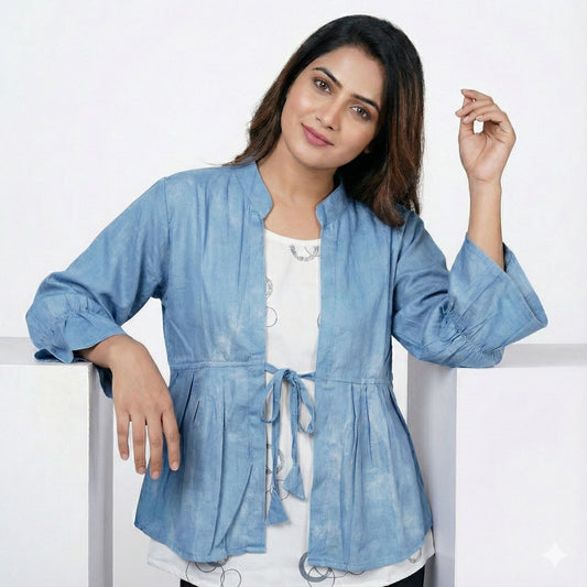 Women's Mandarin Collar Tie-Front  Peplum Jacket with Bell Sleeves