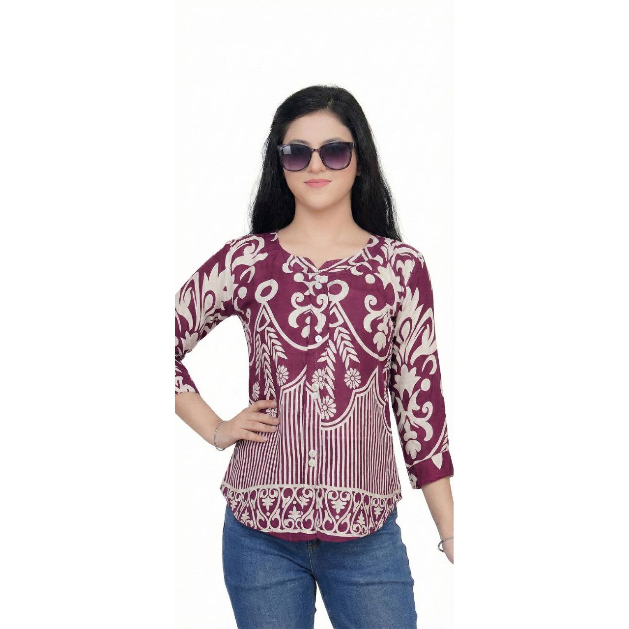 Women's Floral & Geometric Print Rayon Tunic Top with 3/4 Sleeves