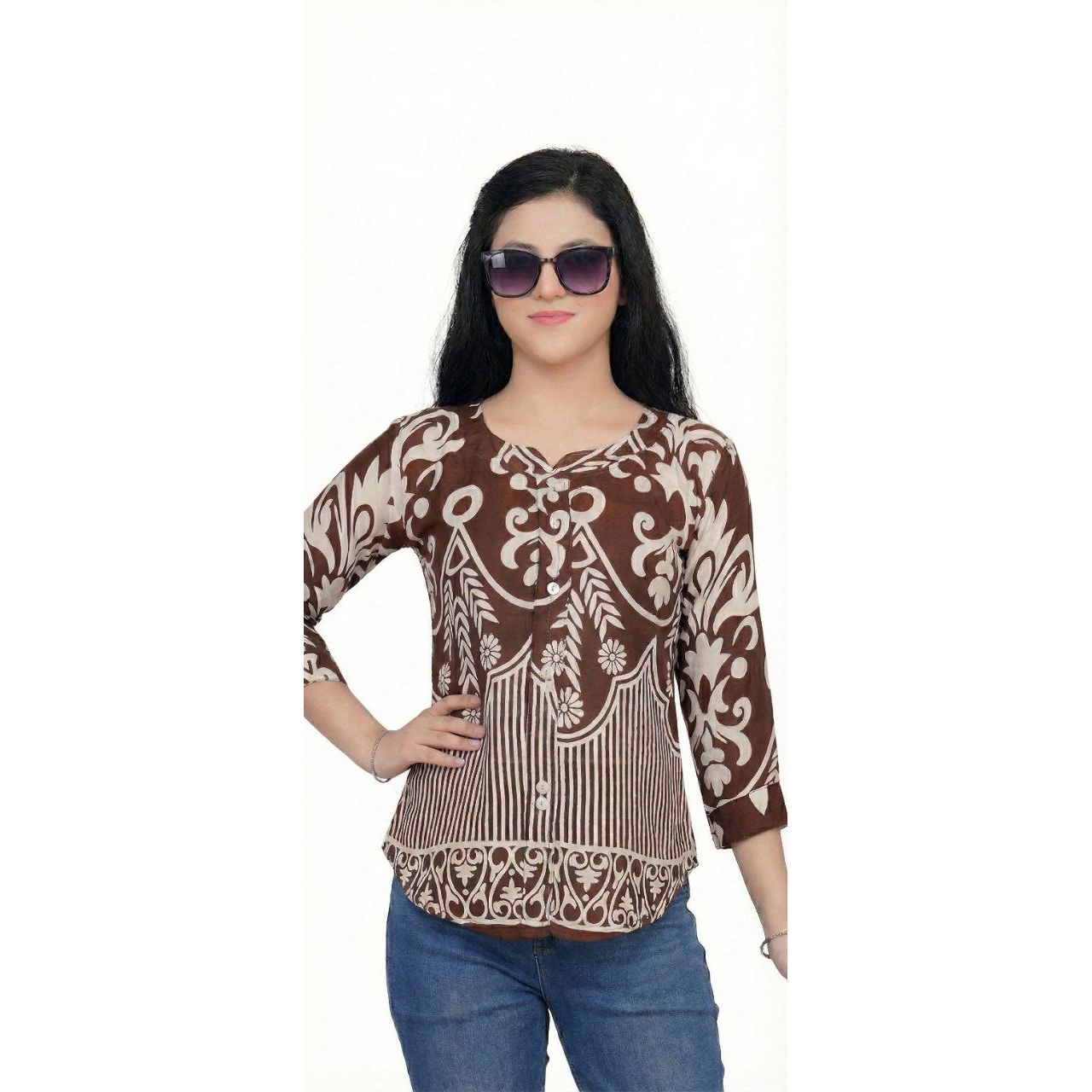 Women's Floral & Geometric Print Rayon Tunic Top with 3/4 Sleeves