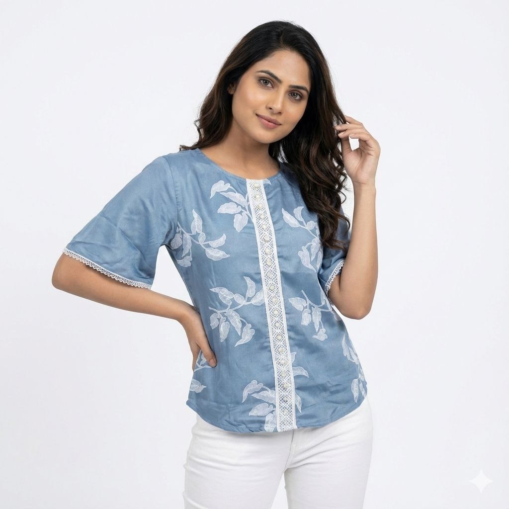 Woman wearing a blue floral top with white accents on a light gray background