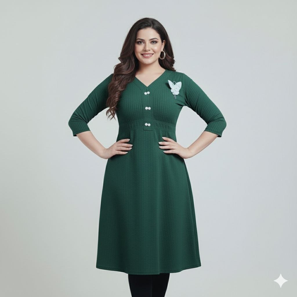 Stylish Ribbed Knit V - Neck Kurti Dress - seiszn - seiszn - product_tag