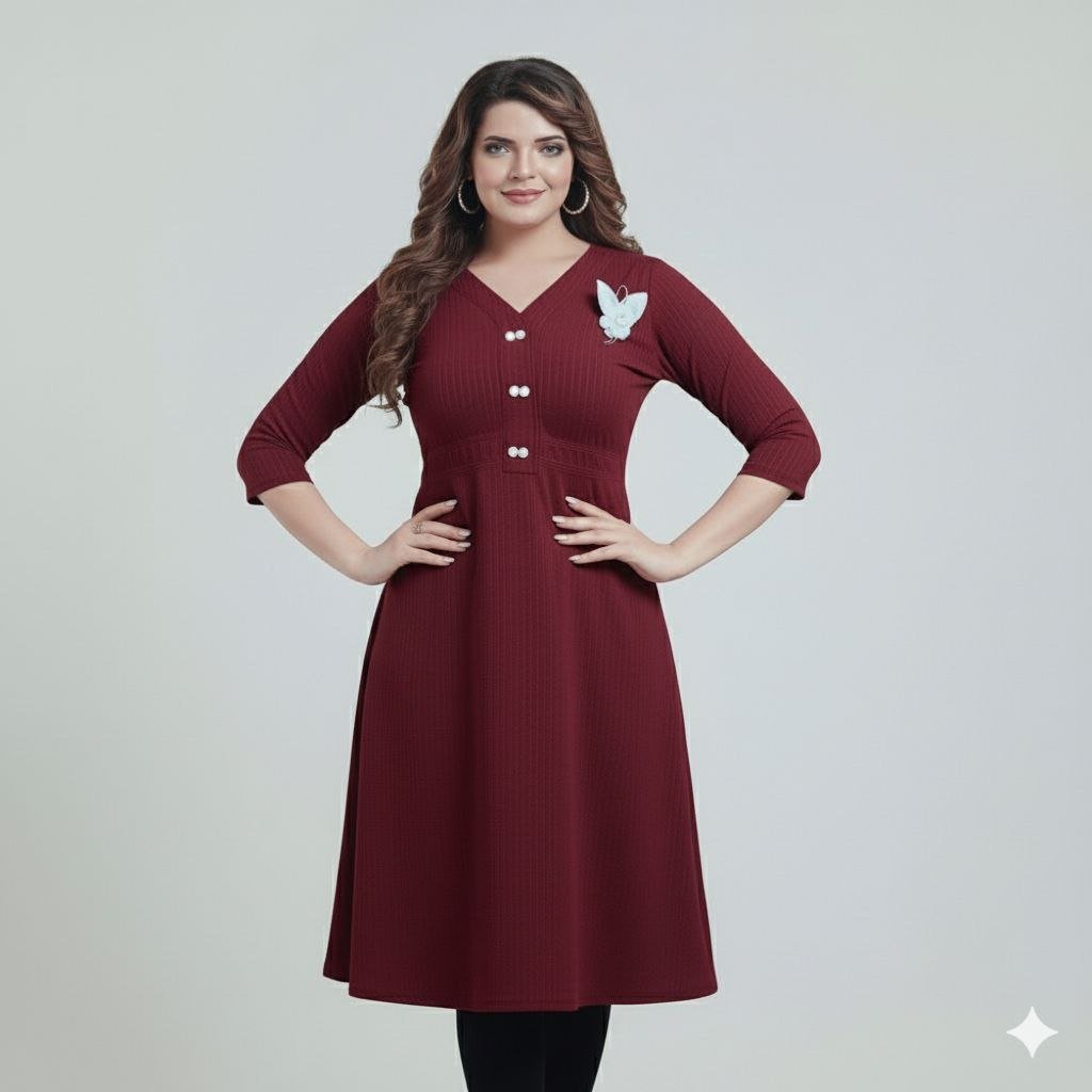 Stylish Ribbed Knit V - Neck Kurti Dress - seiszn - seiszn - product_tag