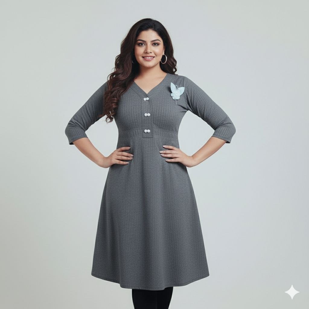 Stylish Ribbed Knit V - Neck Kurti Dress - seiszn - seiszn - product_tag