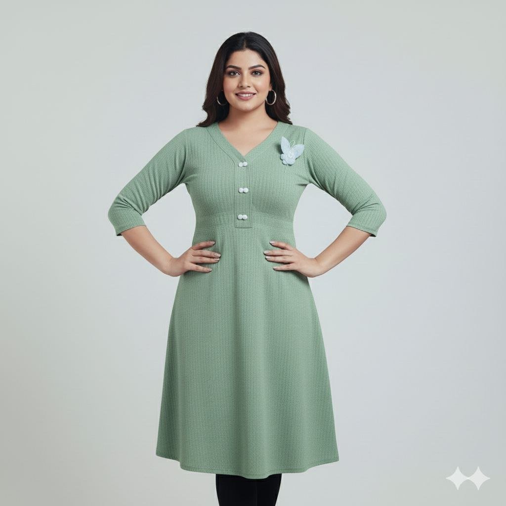 Stylish Ribbed Knit V - Neck Kurti Dress - seiszn - seiszn - product_tag